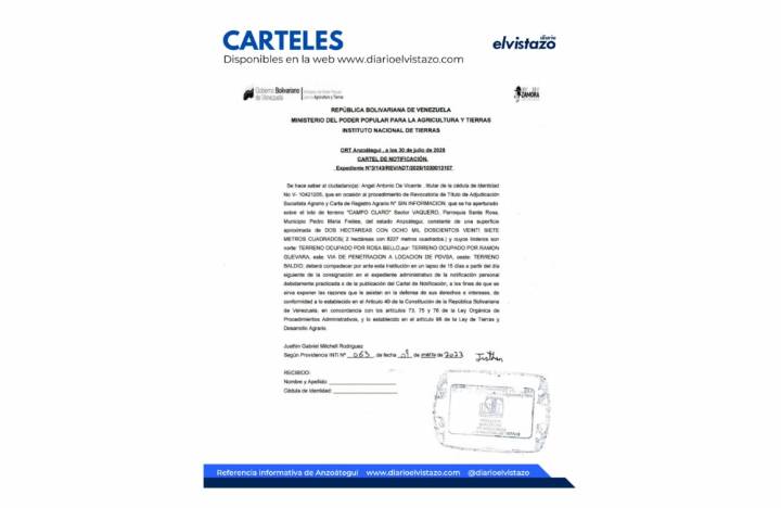Cartel INTI ORT Anzoátegui en atención a Ángel Antonio De Vicente y el lote de terreno «Campo Claro»
