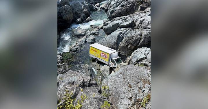Truck crashes down dangerous Northern California river canyon, lands upright