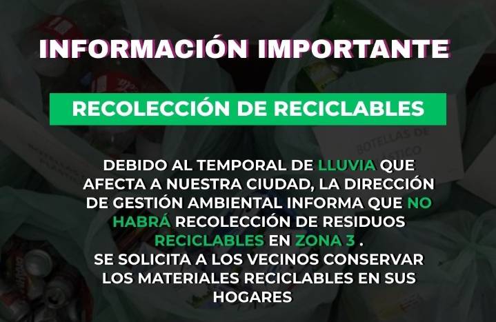 Reciclables: no se realiza la recolección en Zona 3, ante la situación climática