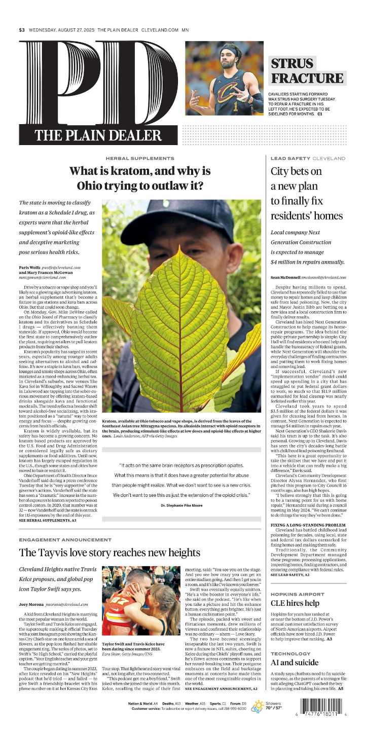 The Plain Dealer’s front page for August 27, 2025