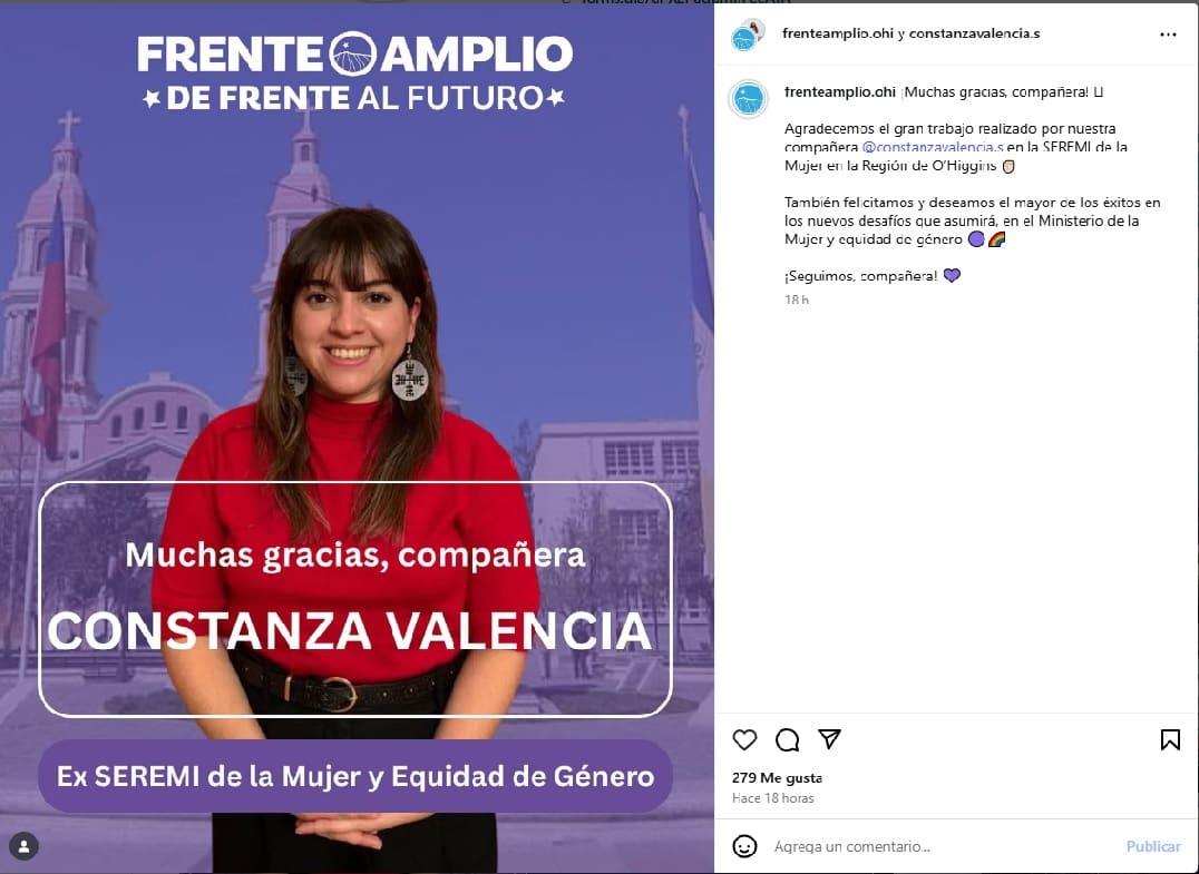 Por redes sociales Frente Amplio anuncia salida de seremi de la mujer, aún no hay comunicación oficial.