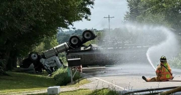 Hazmat crews on scene after semi hauling gasoline overturns in Kearney