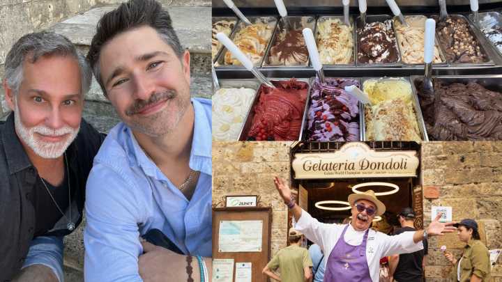 Jay Arnold and Matt Dallas serve a scoop of gelato
