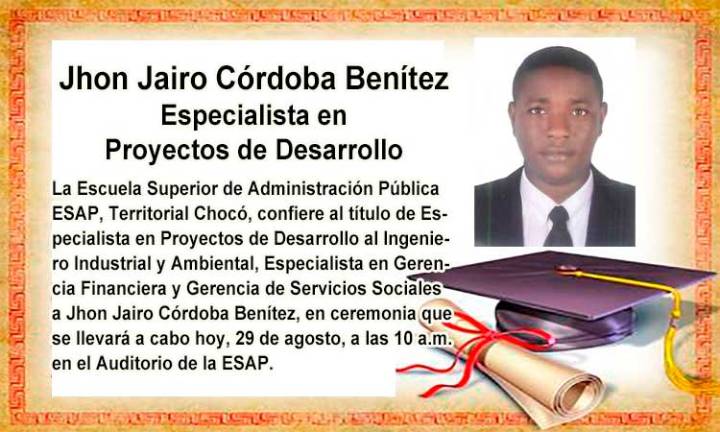 Jhon Jairo Córdoba Benítez, Especialista en Proyectos de Desarrollo