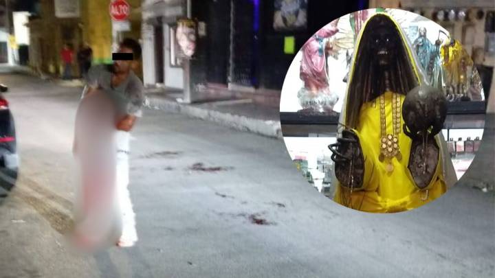 Hombre intenta robar figura de la Santa Muerte y termina hospitalizado en Cadereyta