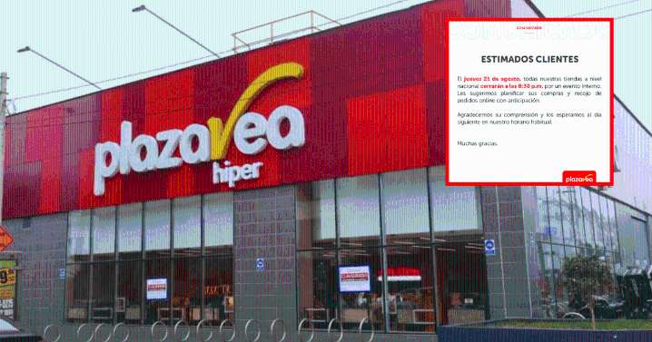 Plaza Vea anuncia cambio en horario de cierre para el jueves 21 de agosto en todos sus locales en Perú