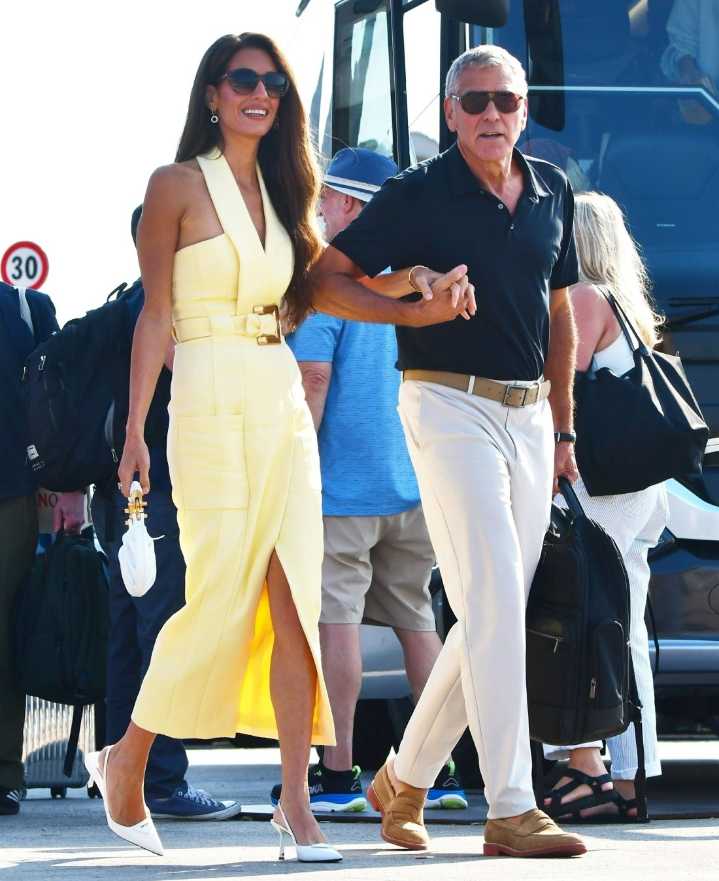 Cele|bitchy | George & Amal Clooney arrived in Venice, Amal wore an ’80s-looking dress
