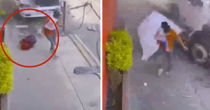 VIDEO: Momento exacto en que familia se salva de ser aplastada por camión en San Juan de Aragón