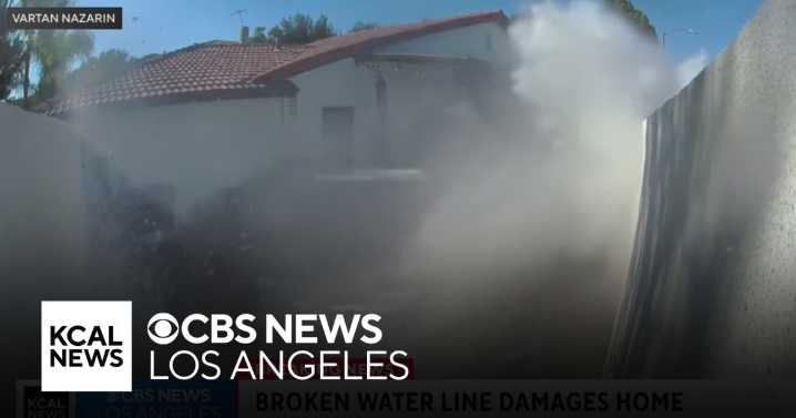 Water gushes from broken hose in midst of LADWP repair work in Granada Hills