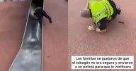 Familias denuncian tobogán inseguro; policía lo prueba y termina de boca contra el piso