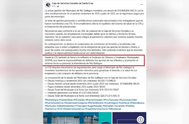 SOEM Río Gallegos respondió al comunicado de la Caja de Servicios Sociales