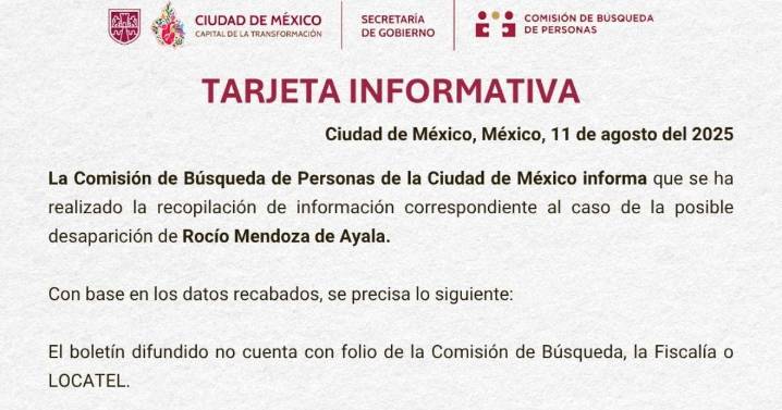 Nunca hubo desaparición de Rocío Mendoza de Ayala: Comisión de Búsqueda