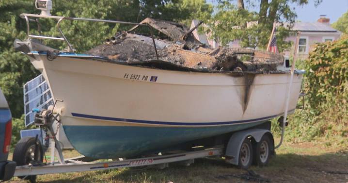 Boat goes up in flames in Massachusetts yard, leaving man with serious burns