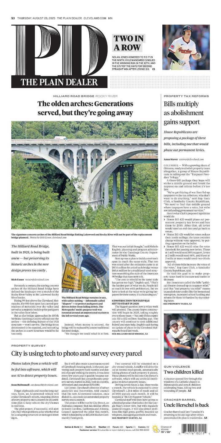 The Plain Dealer’s front page for August 28, 2025