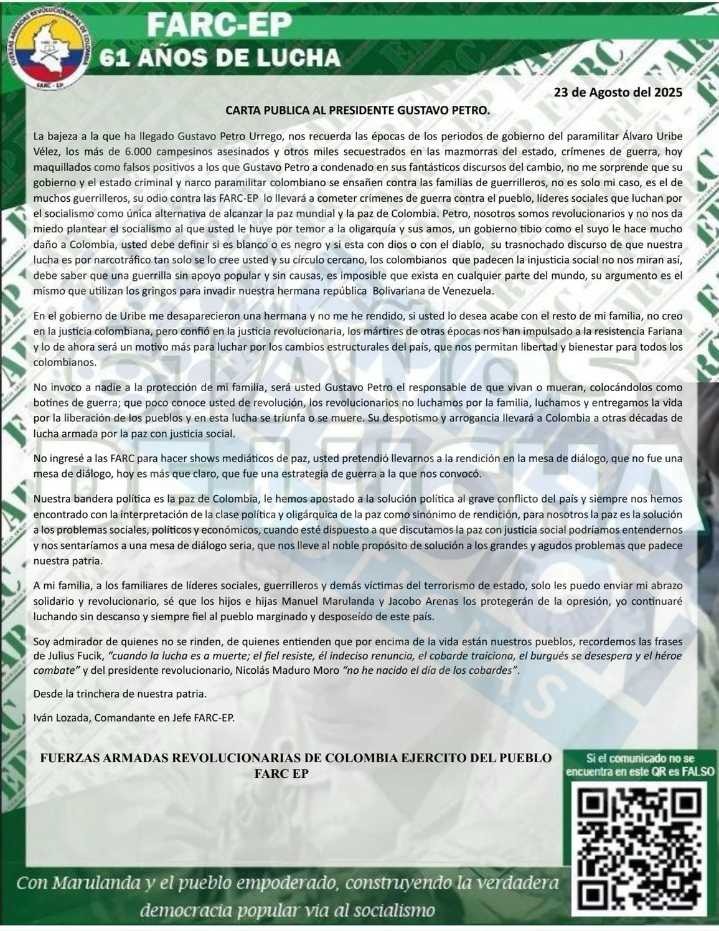 La carta de Iván Mordisco a Petro tras la captura de su hermano Mono Luis