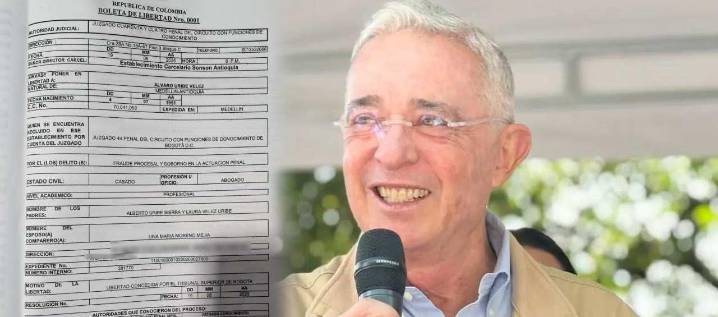 Revelan boleta de libertad del expresidente Álvaro Uribe Vélez