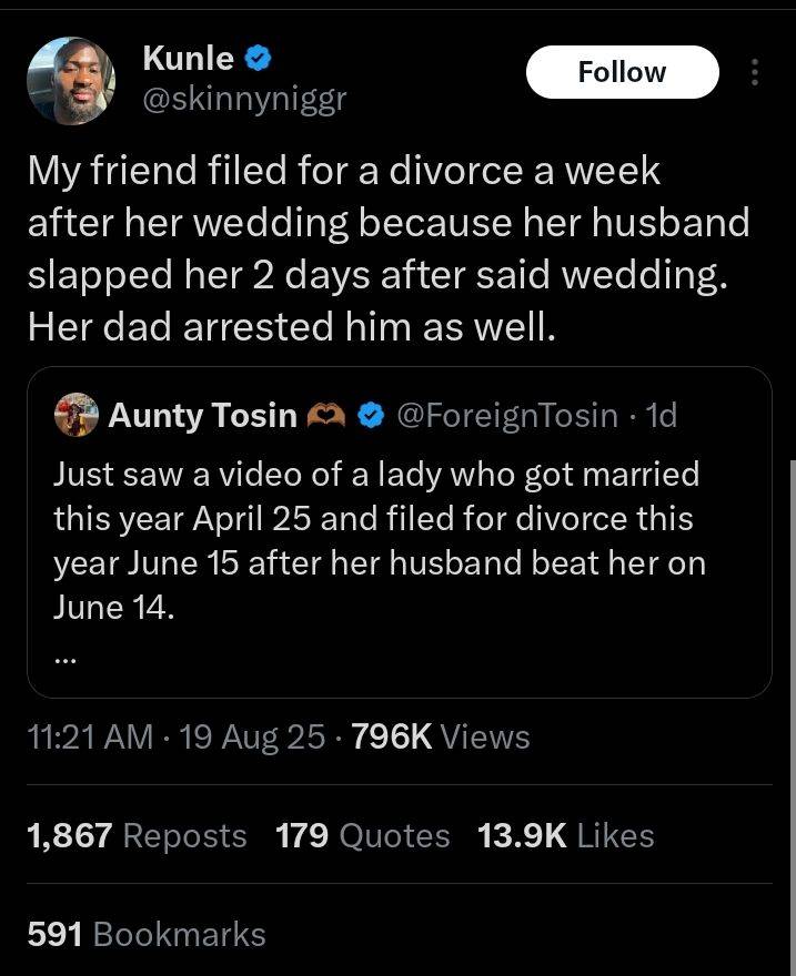 Drama as woman files for divorce a week after wedding because husband slapped her