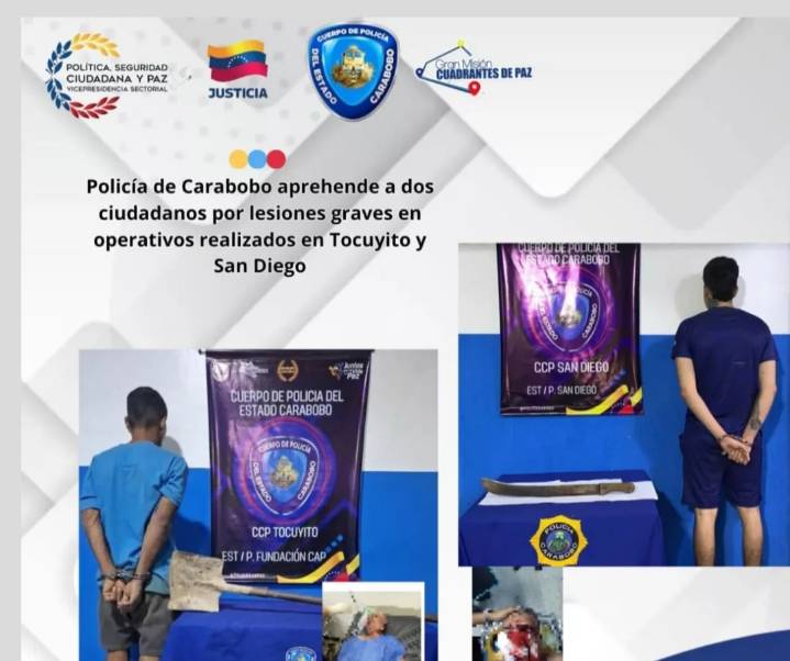 Policía de Carabobo aprehende a dos ciudadanos por lesiones graves en Tocuyito y San Diego