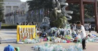 Artist drowns sculpture in plastic waste in front of the UN during plastic pollution treaty talks