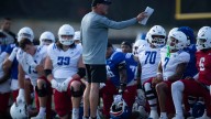 Kansas football coach Lance Leipold reacts to fall camp scrimmage