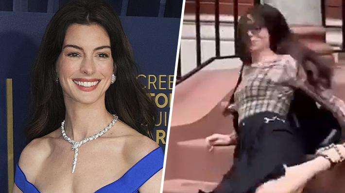 Caída de Anne Hathaway durante grabaciones de El Diablo Viste a la Moda 2 se viraliza