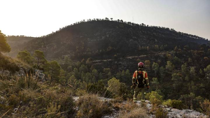 Los bomberos extinguen el incendio forestal declarado en Xàtiva (Valencia)