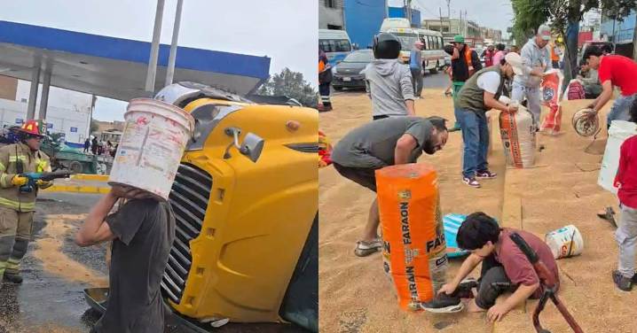 Callao: Camión repleto de trigo se vuelca en el óvalo Garibaldi y vecinos saquean unidad tras accidente