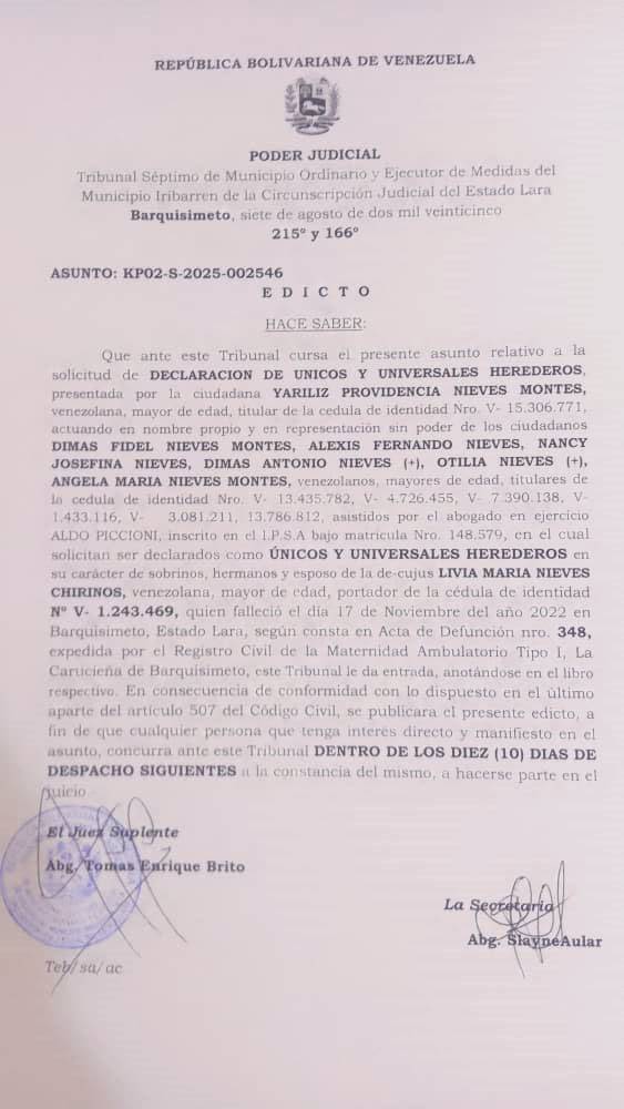 Edicto – Solicitud de Declaración de Únicos y Universales Herederos presentada por la ciudadana Yariliz Providencia Nieves Montes, asunto: KP02-S