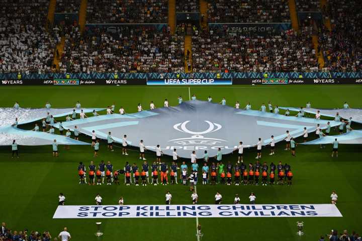Uefa’s ‘Stop killing children’ banner isn’t fooling anyone