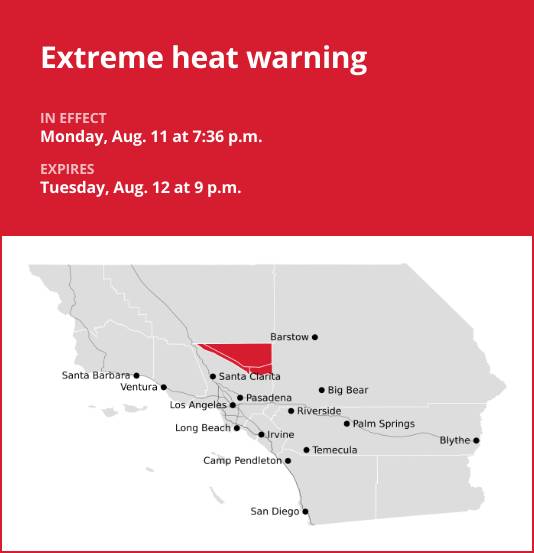 Update: Extreme heat warning in place for Antelope Valley Foothills and Antelope Valley until Tuesday night