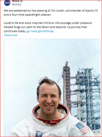 Jim Lovell, astronauta de la Nasa viajó en la Apolo 13, en 1970