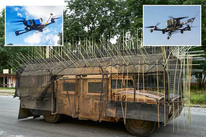 Crafty Ukrainian soldiers develop Mad Max-style truck with huge spikes to defend against deadly Russian drones