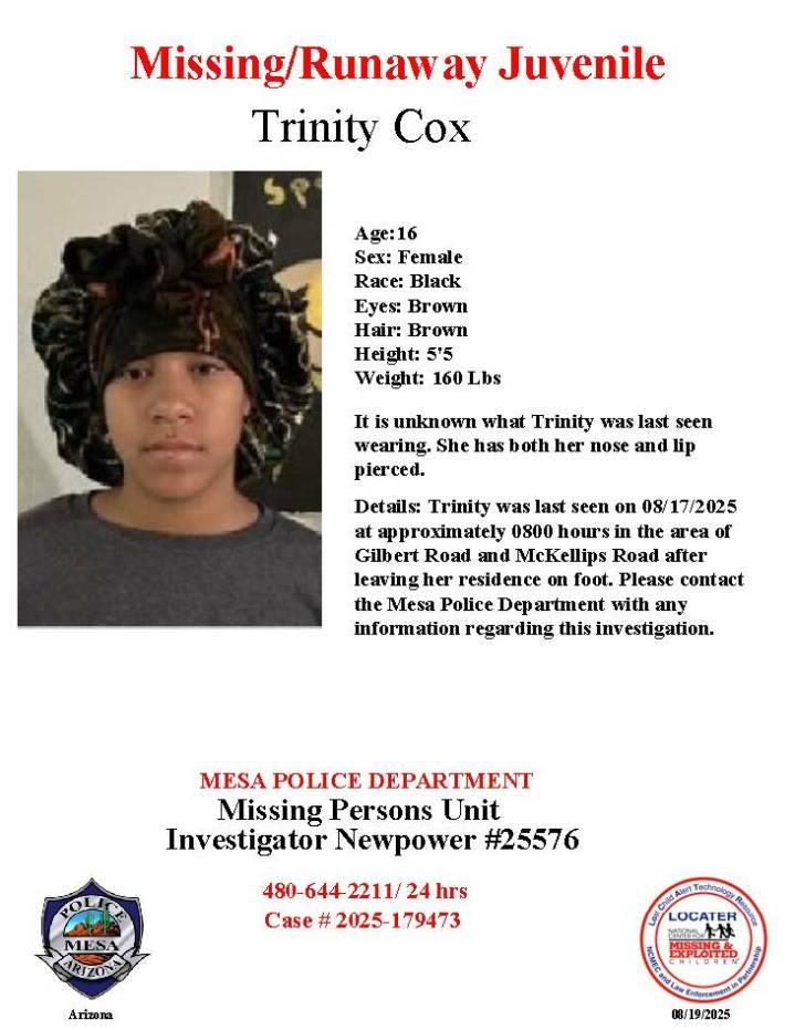 Trinity Cox, 16, missing from Mesa, police say