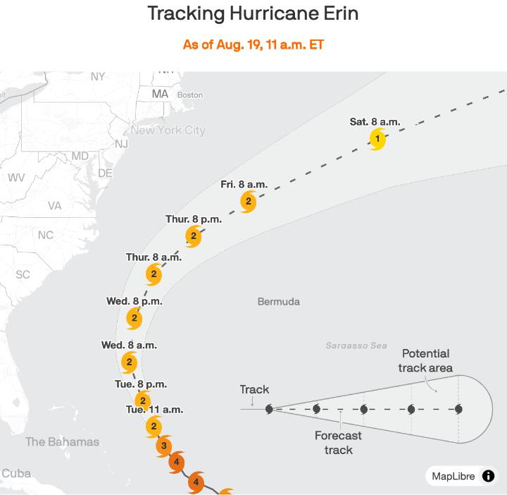 Hurricane Erin triggers storm alerts in N.C., Virginia as some East Coast beaches shut
