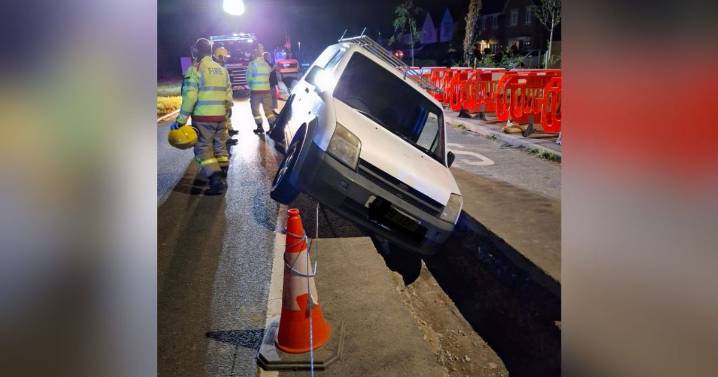 Van crashes into roadworks 'trench' as police, fire crews and paramedics called