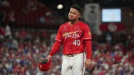 Cardinals 1B Willson Contreras breaks bat in frustration after being hit by a pitch