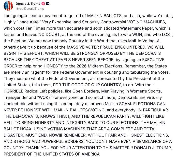 No, President Trump Can't Ban Mail in Ballots or Voting Machines, as His Truth Social Post Suggests He Might Try to Do