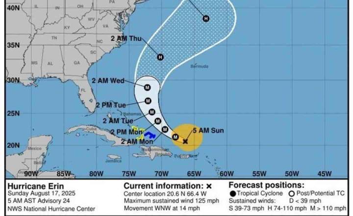 Huracán Erin provoca lluvias y ráfagas de viento en Puerto Rico
