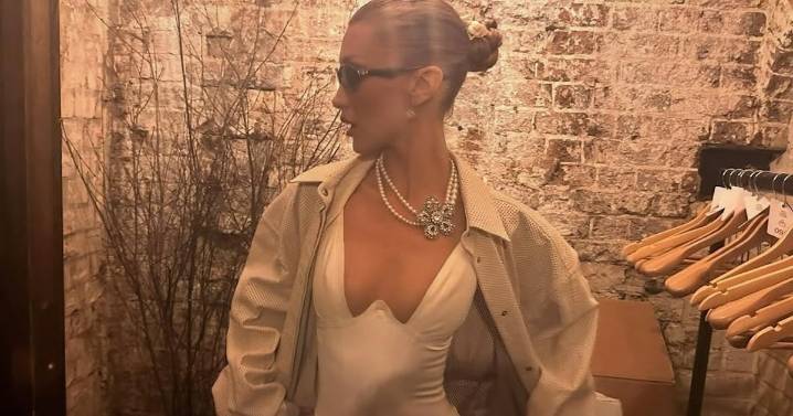 Bella Hadid Goes Full Glam in a Plunging Corset Top & Pearls