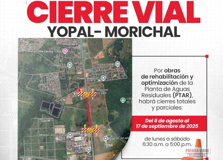 Por trabajos de optimización de la PTAR de Yopal cierres en la vía Morichal