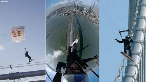 Skydiving legend Sean MacCormac 'skysurfs' the San Francisco Bay Bridge in world
