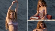Shakira Meditates on Beach in Skimpy Metallic Pink Bikini