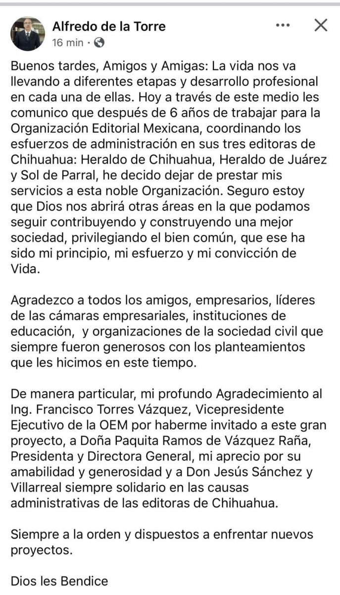 Deja Alfredo de la Torre la gerencia de El Heraldo