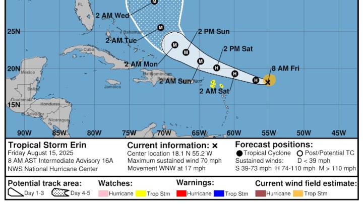 Tropical Storm Erin on verge of hurricane strength, expected to be eventual Cat 4
