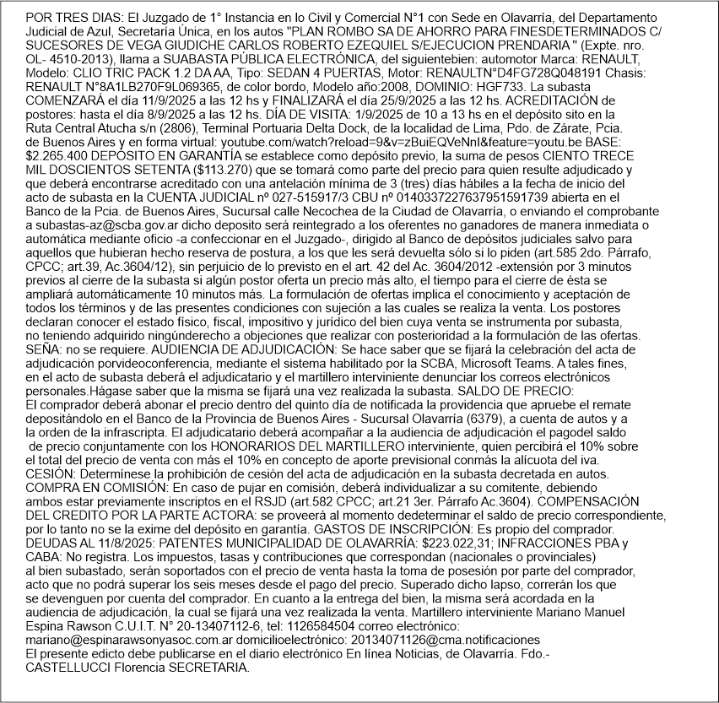 Edicto: Subasta Pública electrónica sobre ejecución prendaria