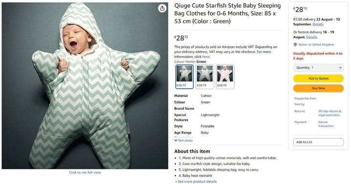 Baby sleeping bags sold on Amazon and eBay 'could suffocate child'