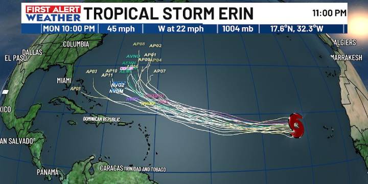 8AM TUESDAY: Latest on Tropical Storm Erin, more rain chances