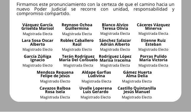 Magistradas y Magistrados Electos refrendan respaldo al liderazgo de su compañera de Tania Contreras