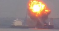 Fireball as cargo ship explodes with passengers on board near collapsed Baltimore Bridge
