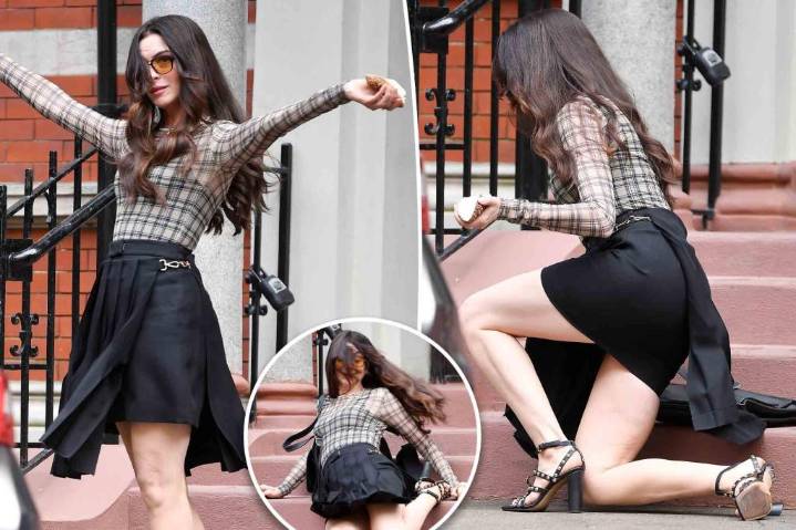 Anne Hathaway takes a tumble on a broken shoe while filming 'The Devil Wears Prada 2'